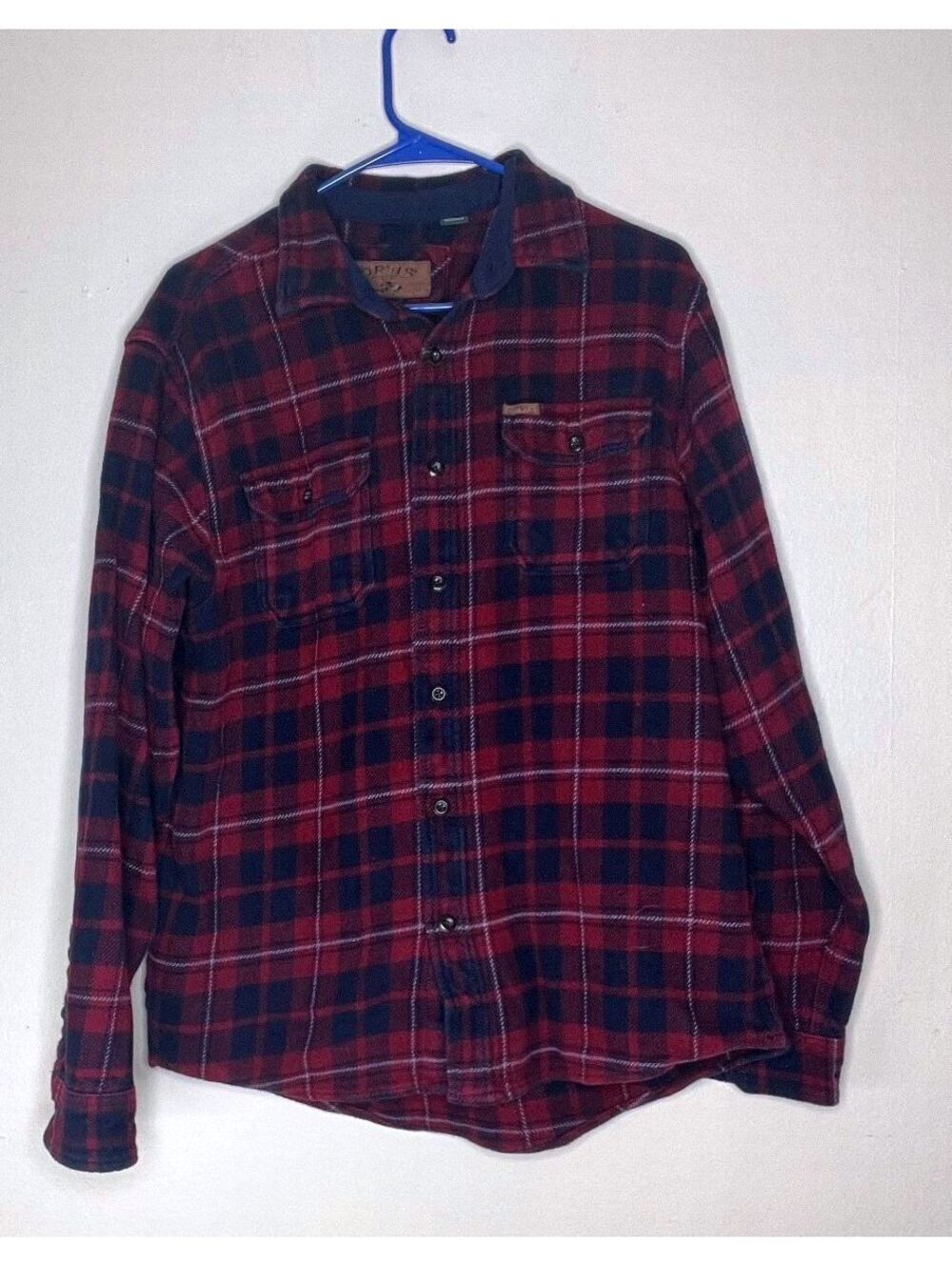 Orvis Men's Red and Navy Blue Plaid Flannel Shirt with Pockets, Size Large